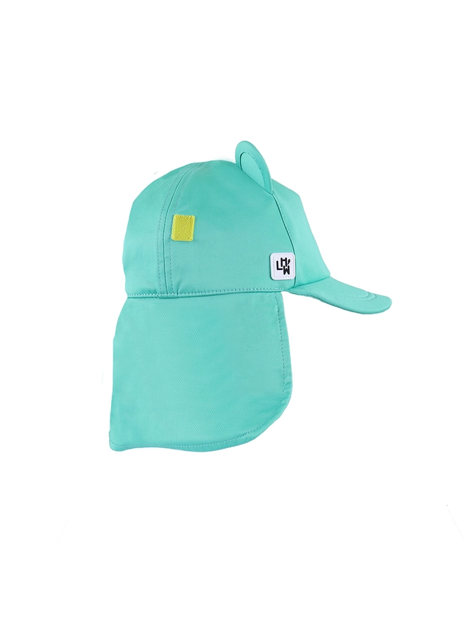 Kids turquoise sun baseball hat side neck flap down
