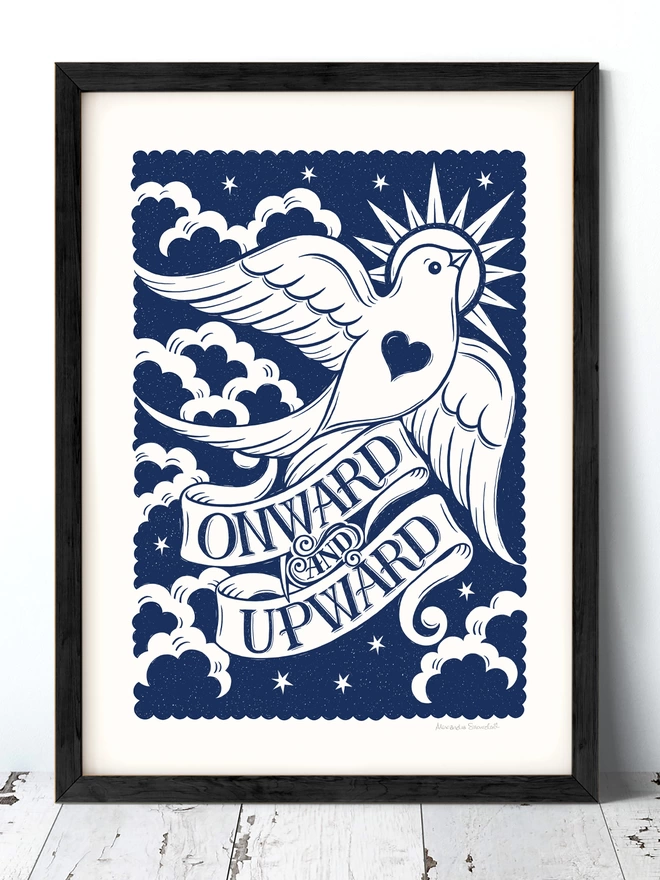 white and blue onward and upward print with white dove in black frame