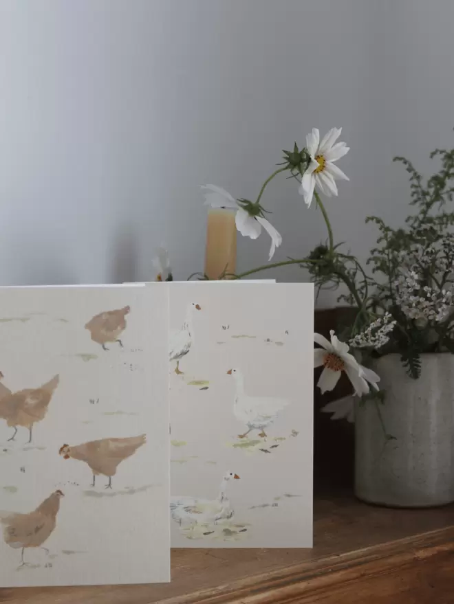 greetings cards with geese and chickens on