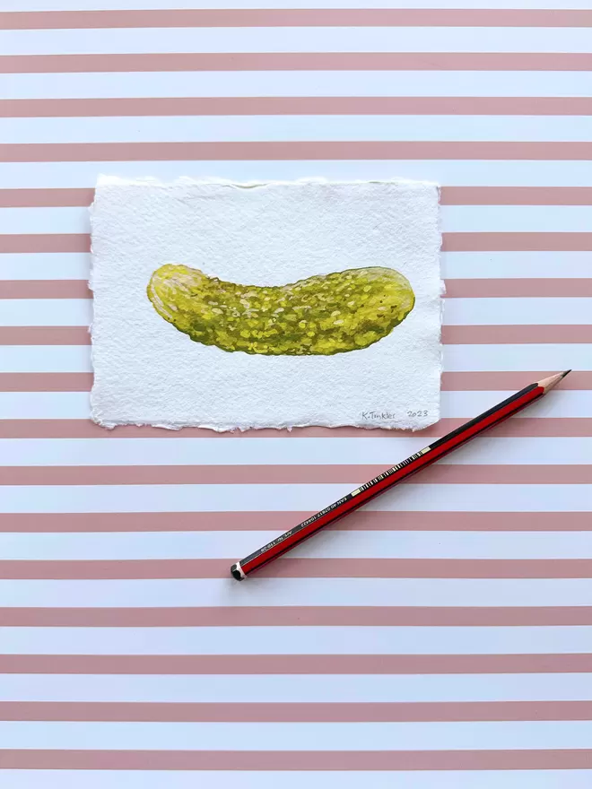 Gherkin pickle original gouache painting on striped background