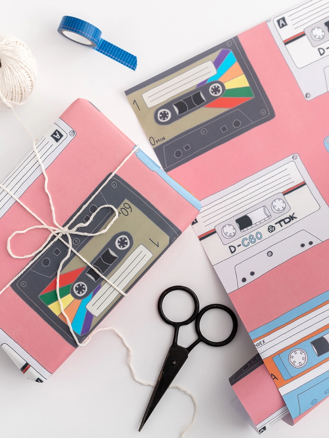 retro giftwrap featuring cassette tapes