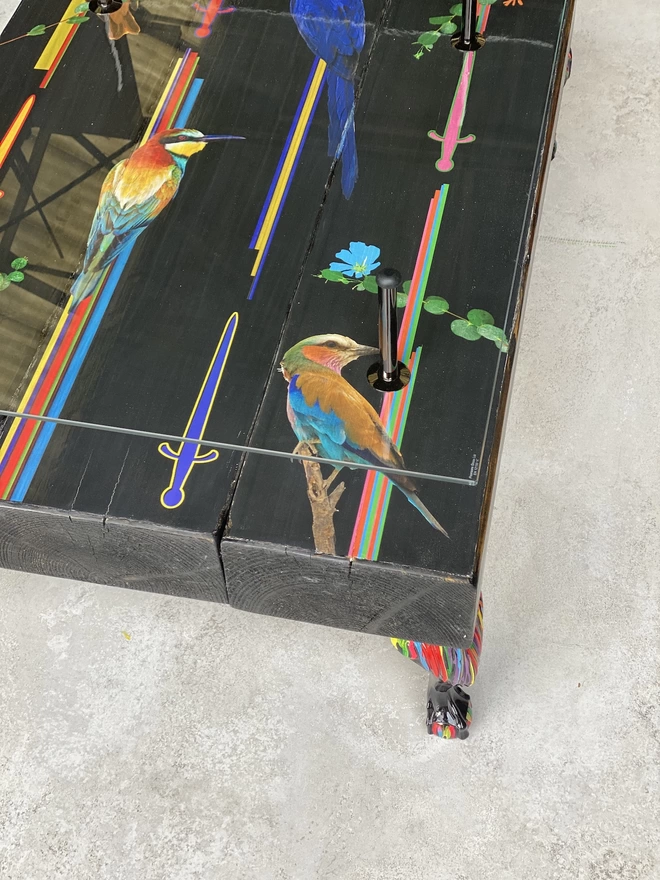 bird image on top of surface of coffee table