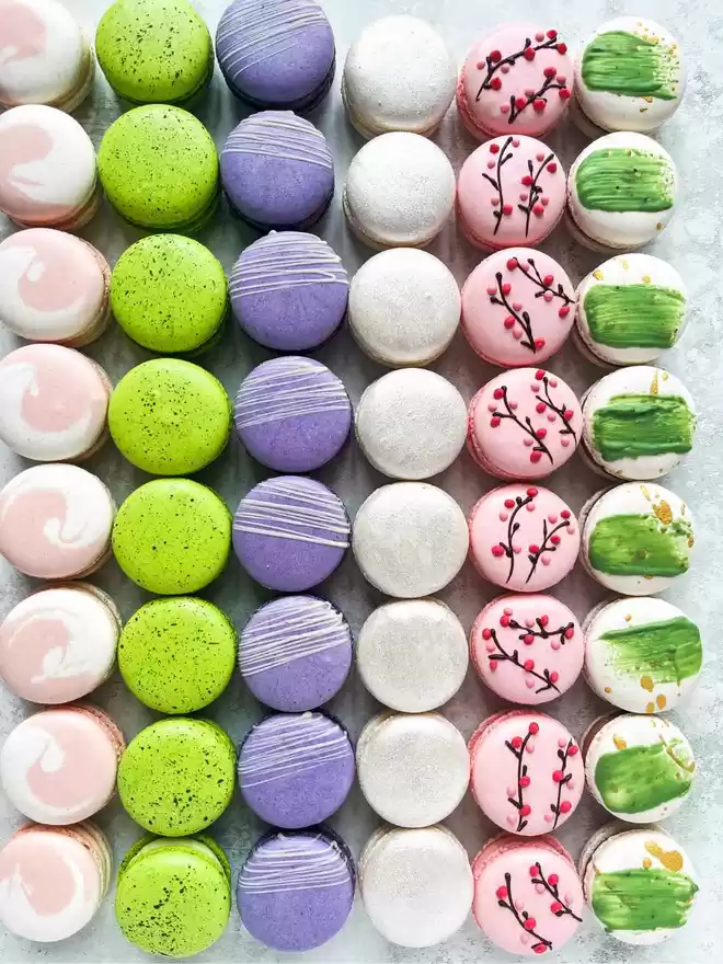 many different coloured spring themed macarons are arranged in a row