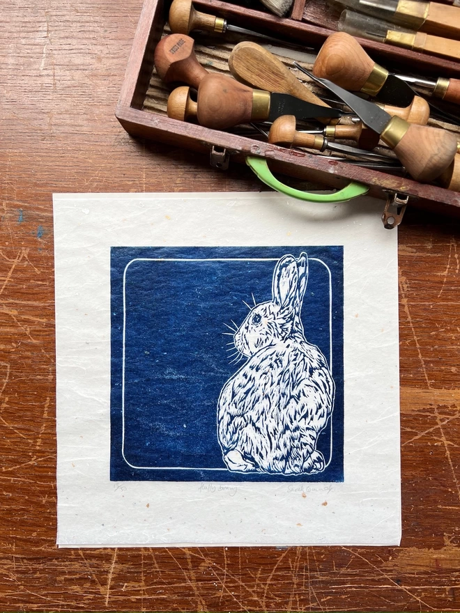 fluffy bunny rabbit linocut