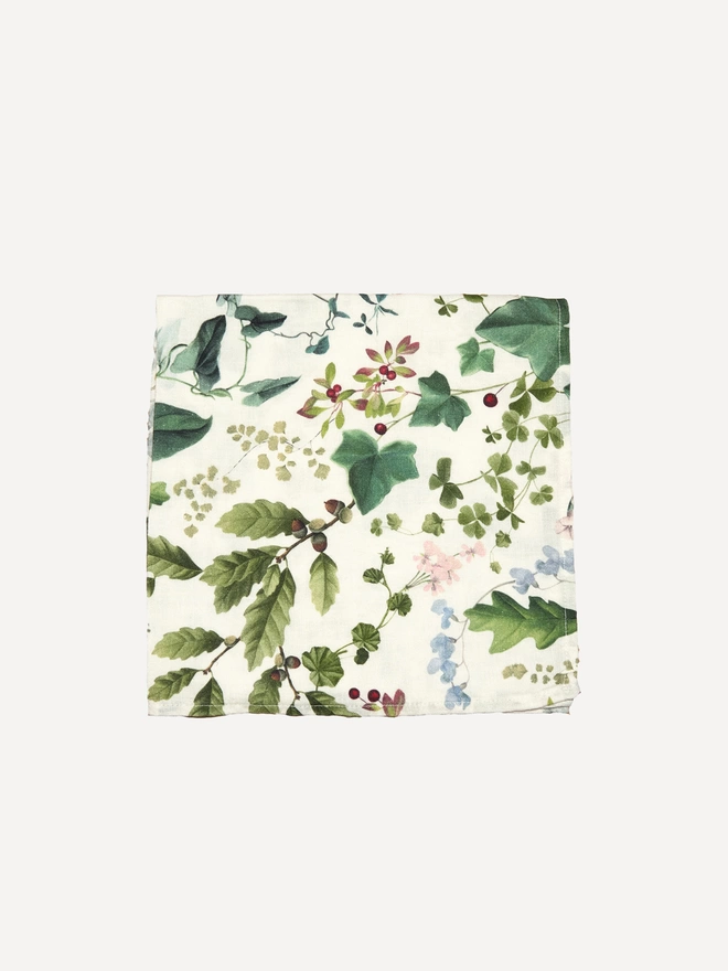 linen napkin printed with leaves and flowers