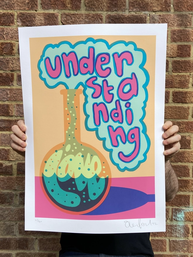 "Understanding Love" Hand Pulled Screen Print  depicting a chemistry bottle on a table with the word love inside the bottle and the word understanding in smoke rising from the bottle pastel colours