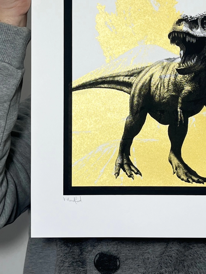 T Rex (Medium Gold) – Screen Printed Dinosaur Poster - hand signed