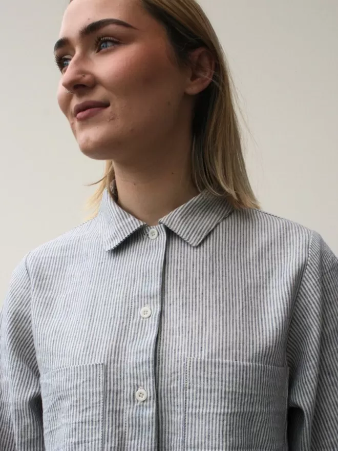peplum blouse in blue stripe, collar detail.