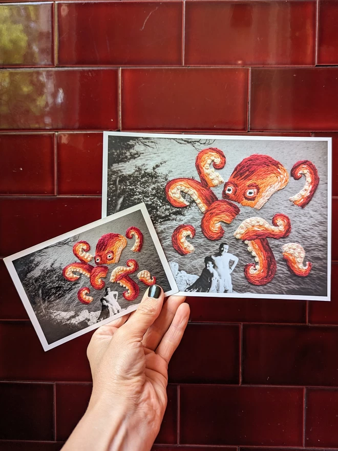 B&W original photo of couple with embroidered octopus behind them held with giclee print version
