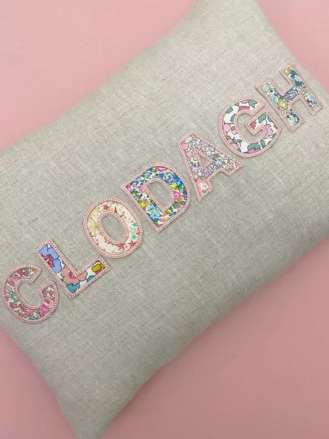 Personalised Linen Cushion with names on in a floral fabric