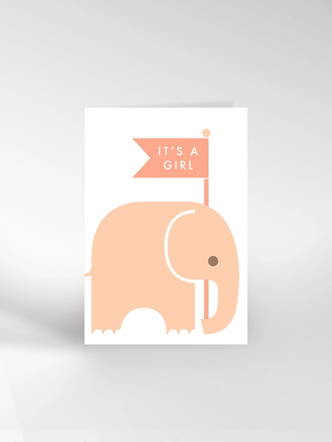 It's A Girl card with elephant carrying banner