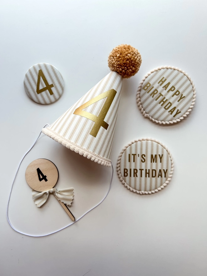 Caramel Stripe Number 4 Party Hat with Matching Birthday Badges and Cake Topper