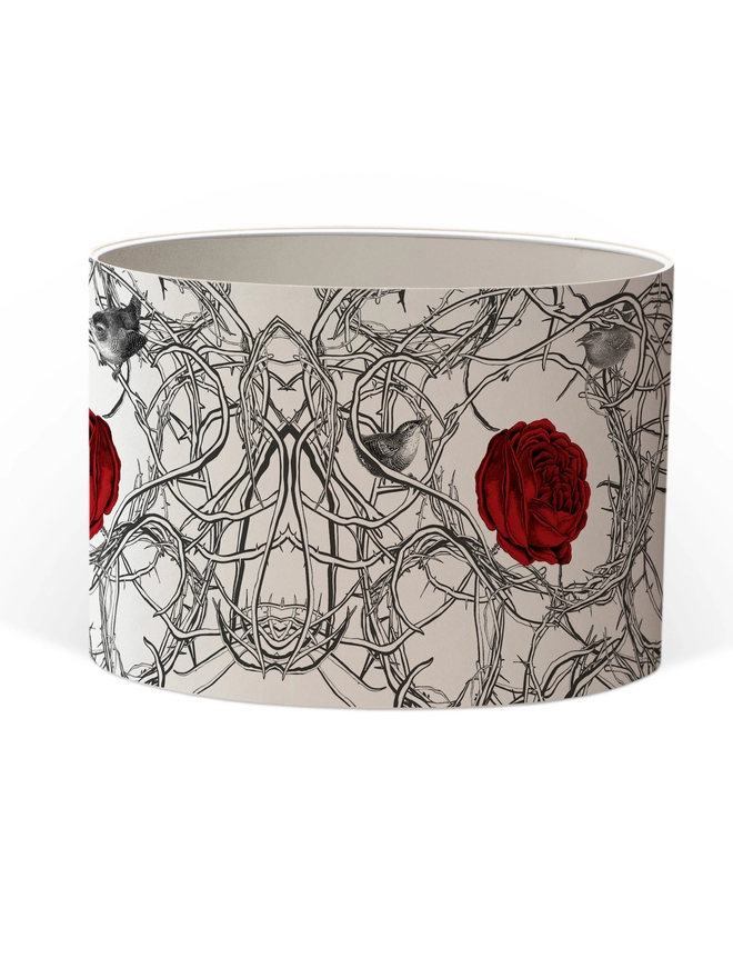 Drum Lampshade featuring red roses in branches with birds with a white inner on a white background