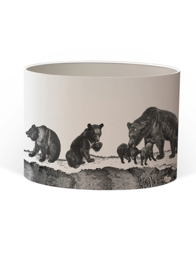 Drum Lampshade featuring bears with a white inner on a white background