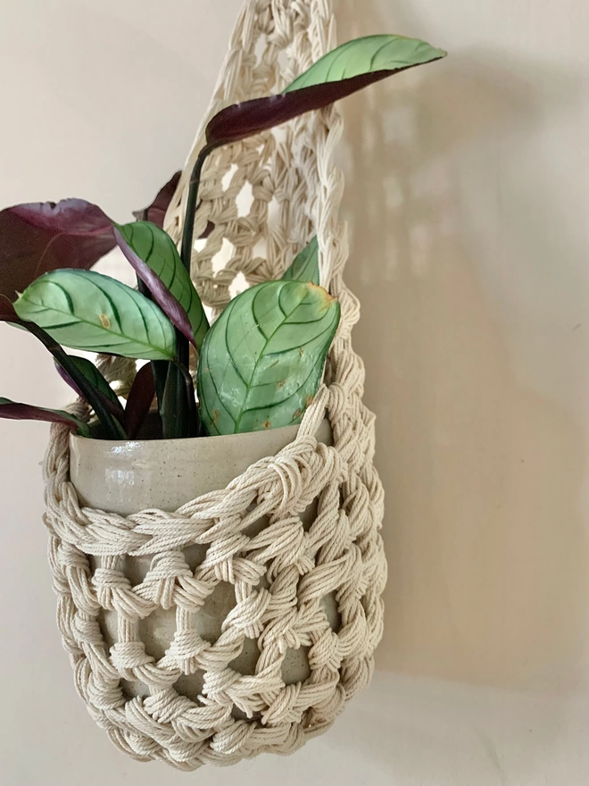 large cream ivory indoor hanging wall planter plant basket handmade porch decor crochet boho eco friendly natural plant styling wall pot holder out door