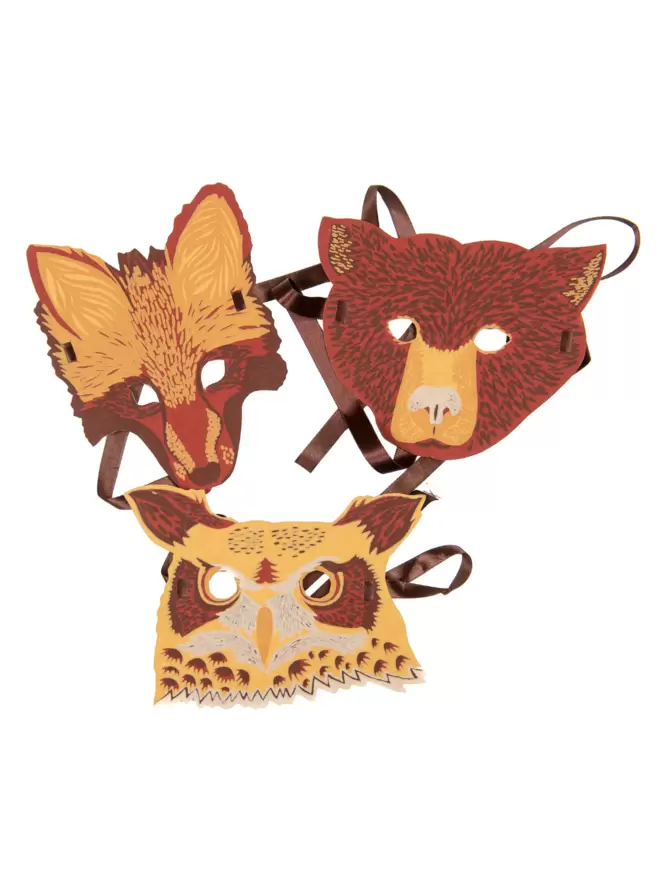 White cut-out shot: all 3 animal mask including bear, fox and owl 