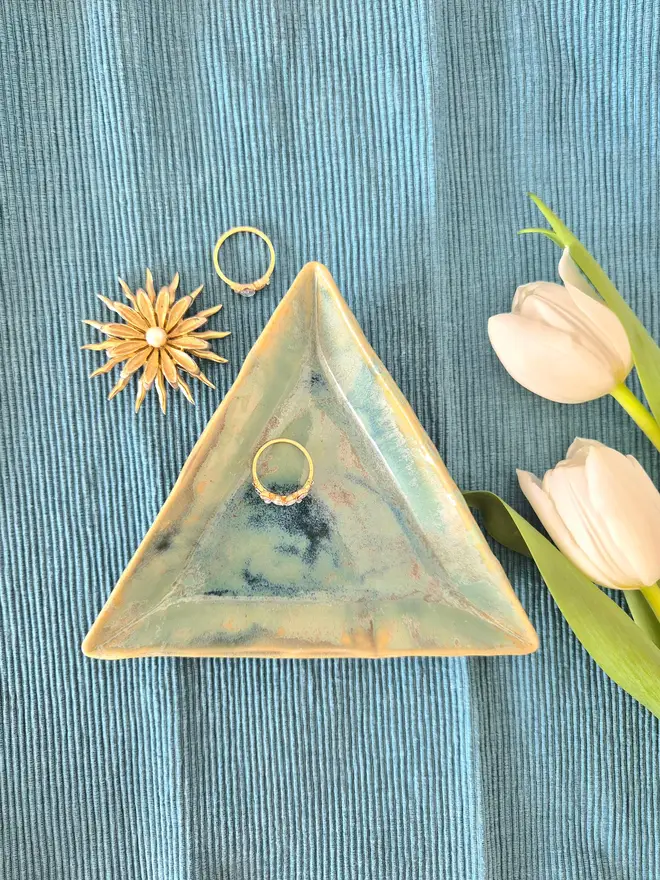 Aqua triangle jewellery dish, trinket dish, Jenny Hopps Pottery
