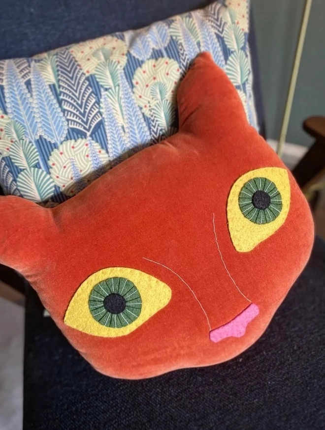 close up view of ginger cat cushion
