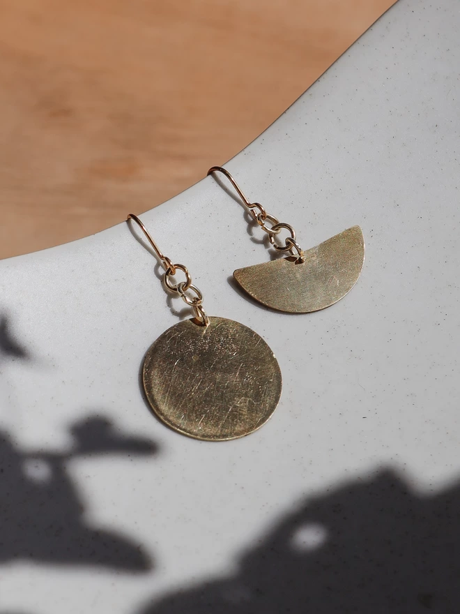 Brass moon and half moon drop earrings