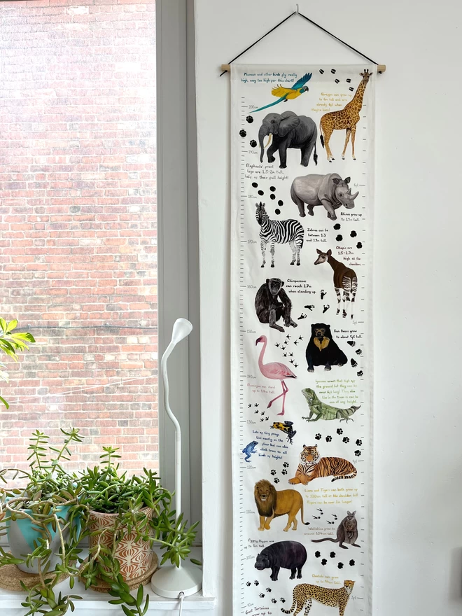 A photo of the top of the fabric height with lots of illustrated animals on it  on the wall next to a window.