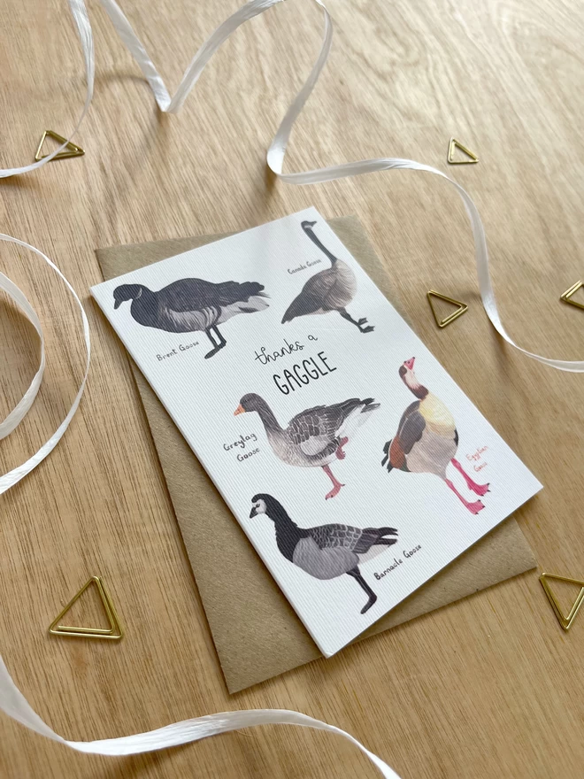Greetings card featuring five different species of geese around the phrase "thanks a gaggle"