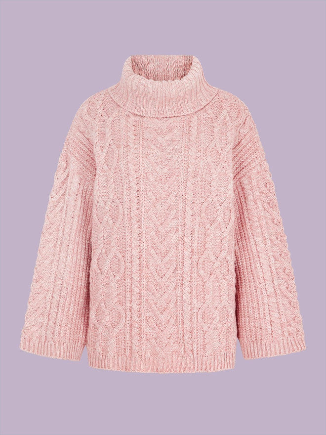 Emily Cable Roll Neck Tunic Jumper - Dusky Pink - Cut Out