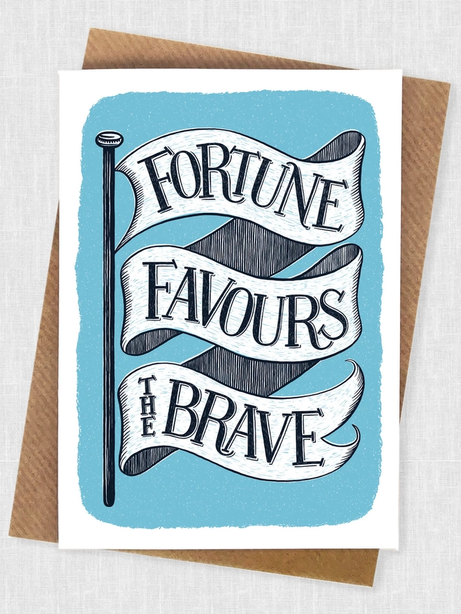 blue fortune favours the brave card with kraft brown envelope