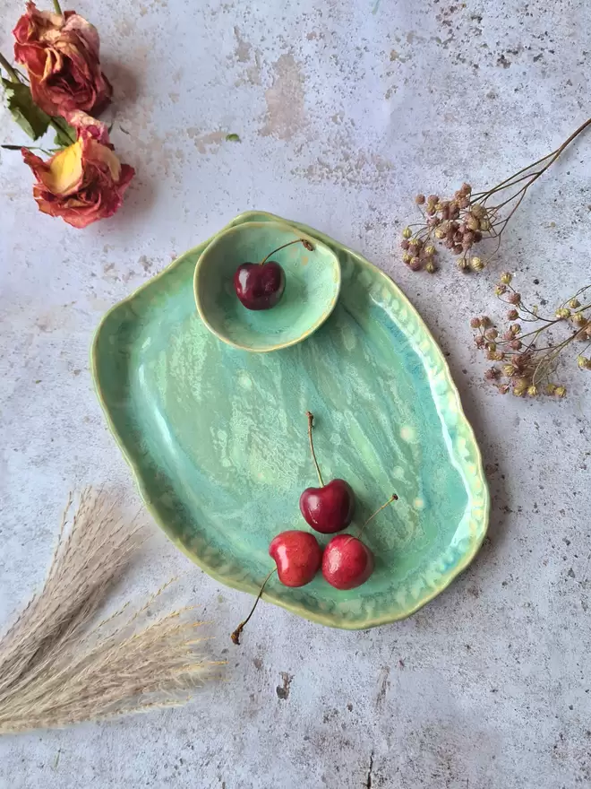 ceramic serving set, serving dish, ceramic plate, green, turquoise, aqua, Jenny Hopps Pottery