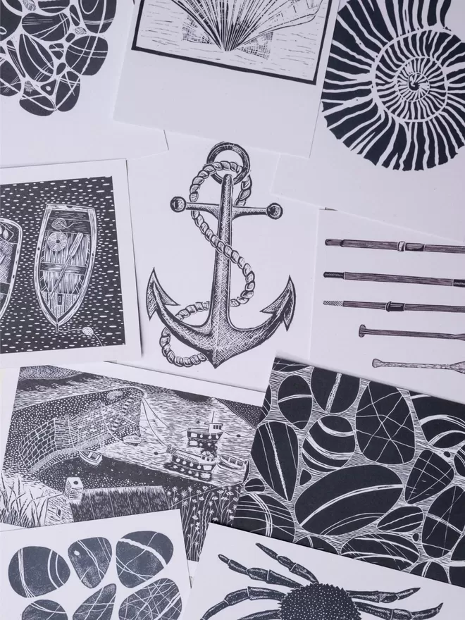 Pack of Ten Notecards with mixed Coastal Images, taken from original lino prints.