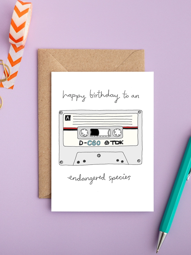 Humorous and funny retro gender neutral birthday card featuring a cassette tape