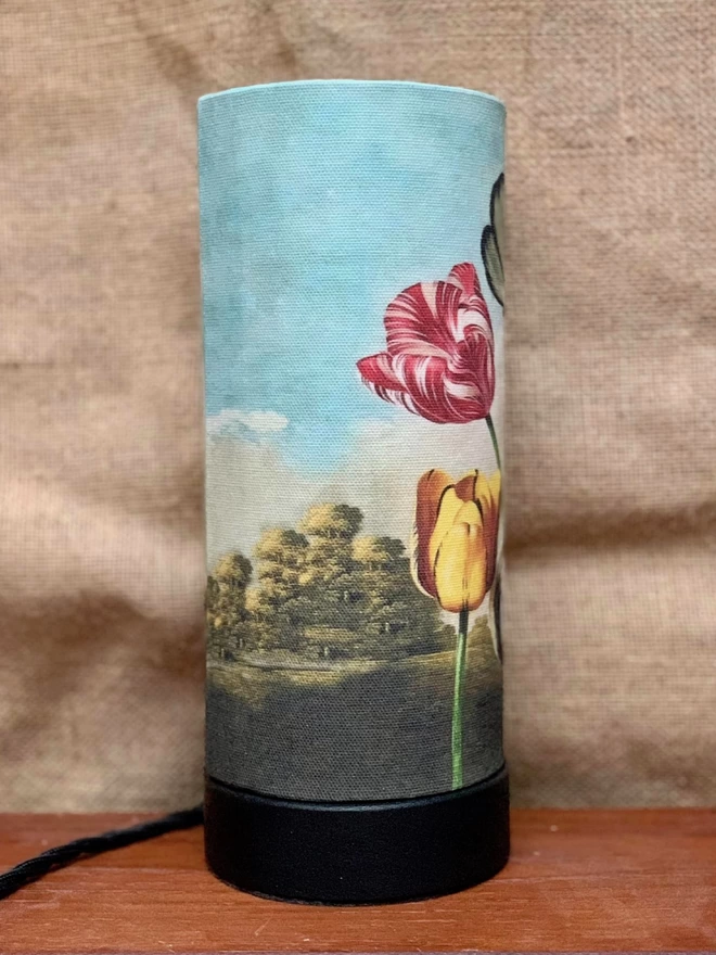 Small lamp with bespoke tulip fabric and black painted wood base.