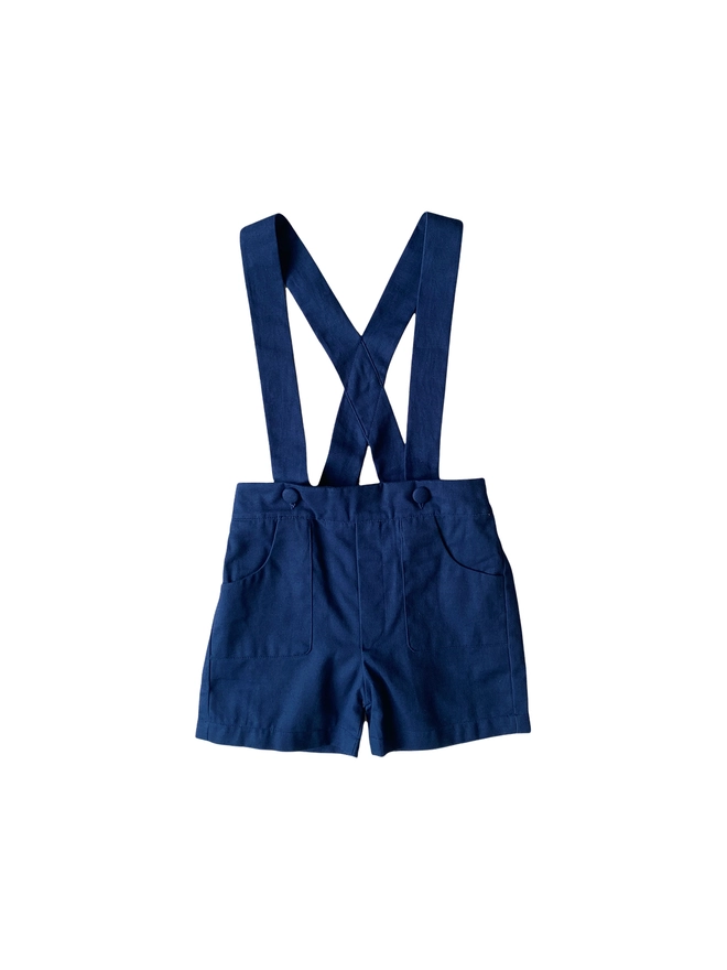 cutout of navy shorts with braces