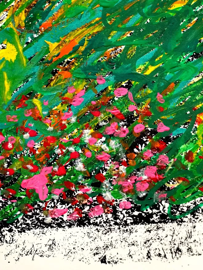 Pink and green brush strokes depicting flowers and foliage with black and white foreground 