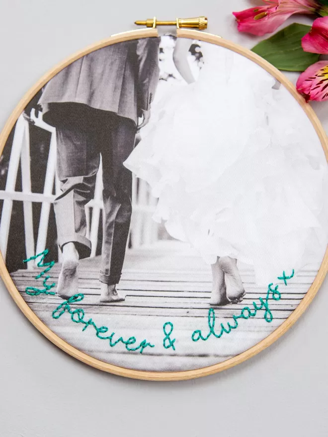 Wedding photo hand stitched hoop art