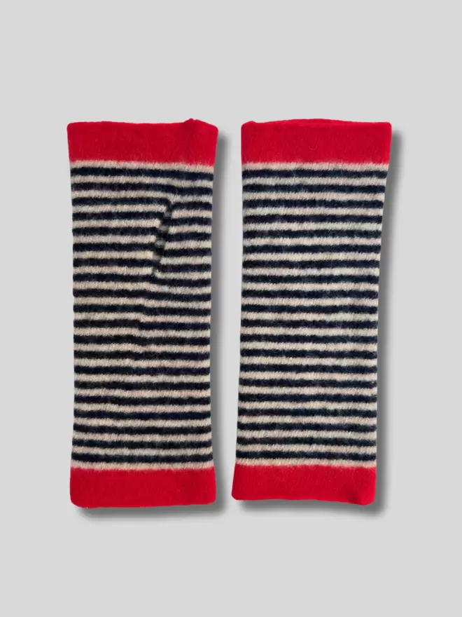 Knitted red navy striped wristwarmers laid flat 