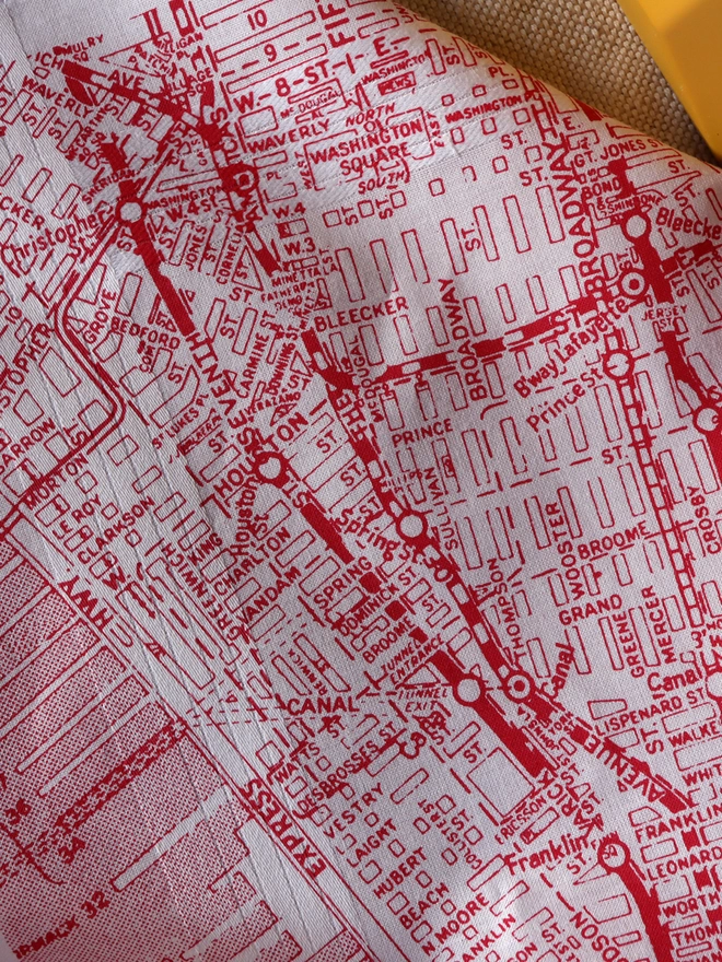 Detail of a red New York City map printed handkerchief