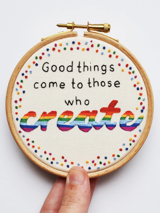 Good things come to those who create rainbow hand embroidery wall hanging