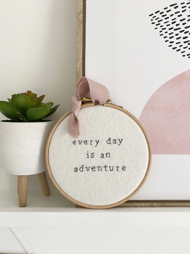 Custom Quote Embroidery Hoop Decoration on picture shelf