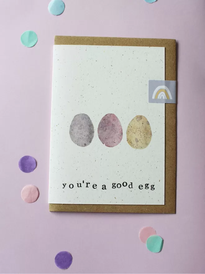 'You're A Good Egg' Card on lilac background with coloured confetti