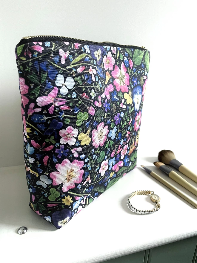 Side View of Floral Wash Bag with Gold Zip, Pressed Flower Print, Nature-Inspired Gift for Her