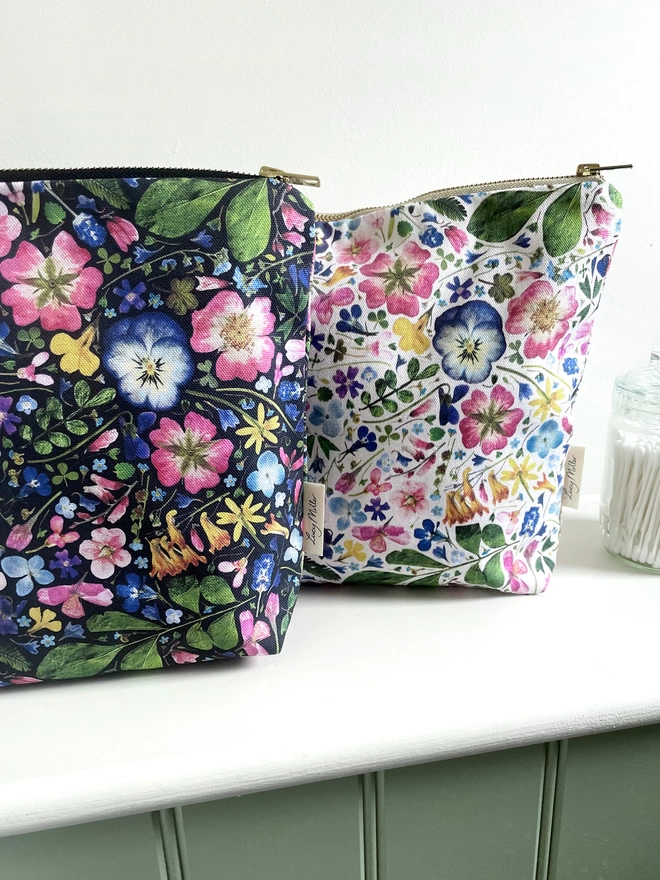 Beautiful Flower Print Wash Bags with Gold Zip and Waterproof Lining, Unique Gift for Her