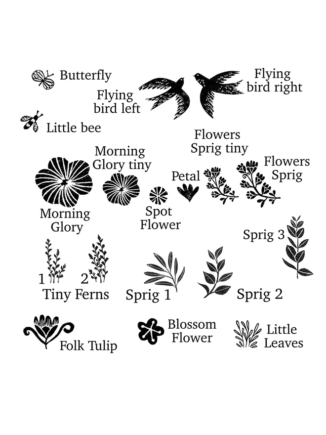 Flowers birds and foliage rubber stamp designs