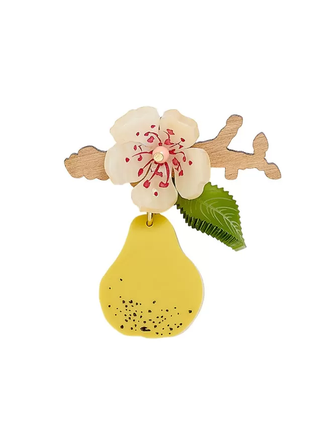 World Book Day Pear Brooch showing flower and branch details.