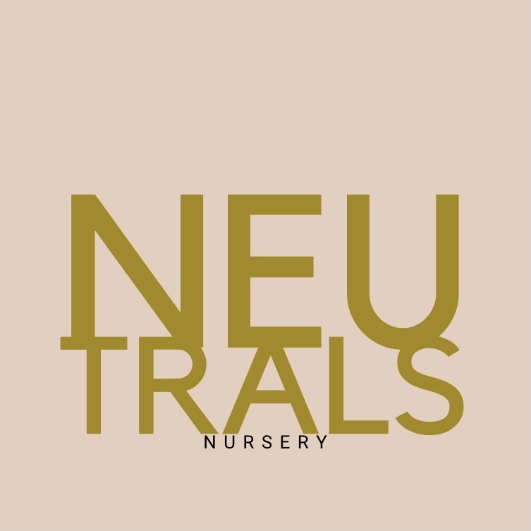 Logo for Neutrals Nursery with beige background, large text for neutrals in gold with nursery beneath in black.