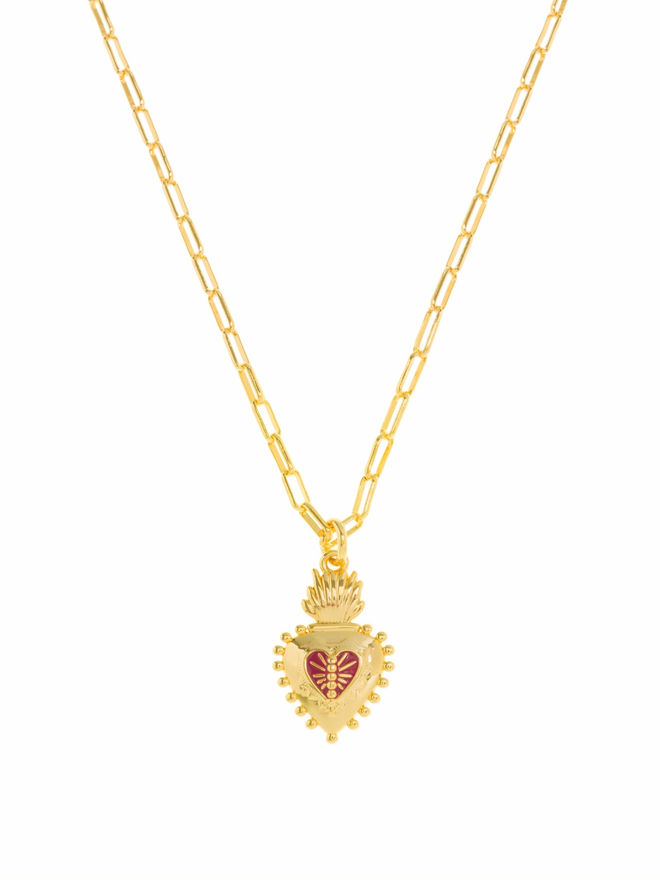 Gold and red frida kahlo heart charm necklace