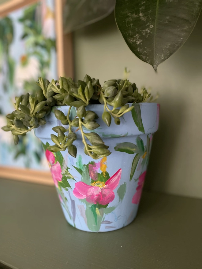 Baby Blue Floral Hand Painted Flower Pot