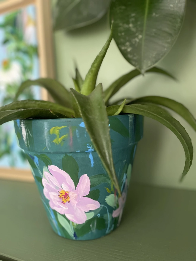Hand Painted Flower Pot - Green Florals
