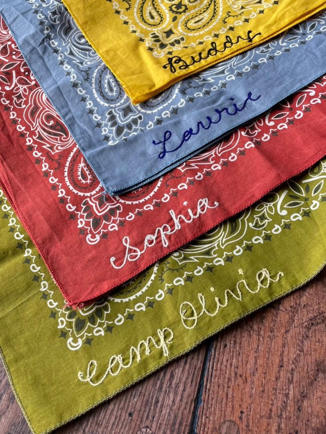 Various colour options of vintage chain stitched bandanas