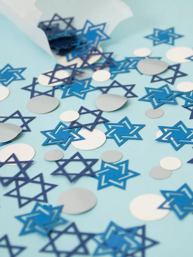 Confetti mix with two styles of star of david in electric and dark blue with silver and white dots