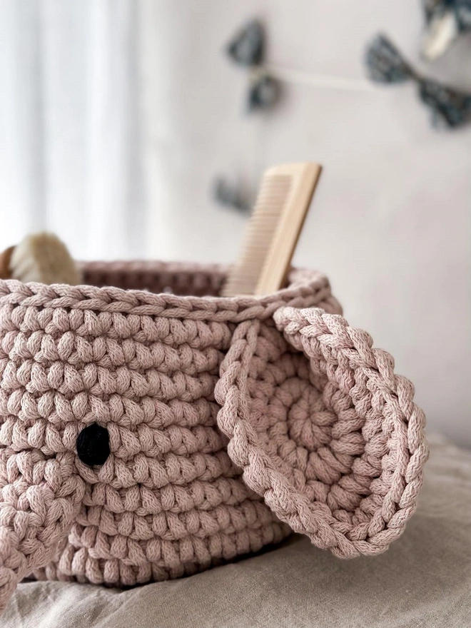 Elephant hand crocheted storage basket pale pink